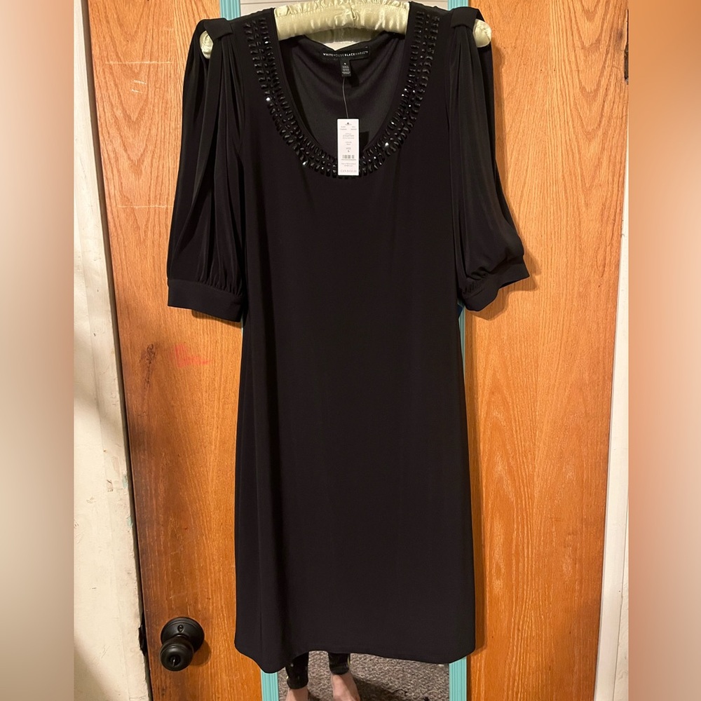 NWT White House Black MarketBlack Dress w/ Beaded Neckline and Slit Sleeves Size